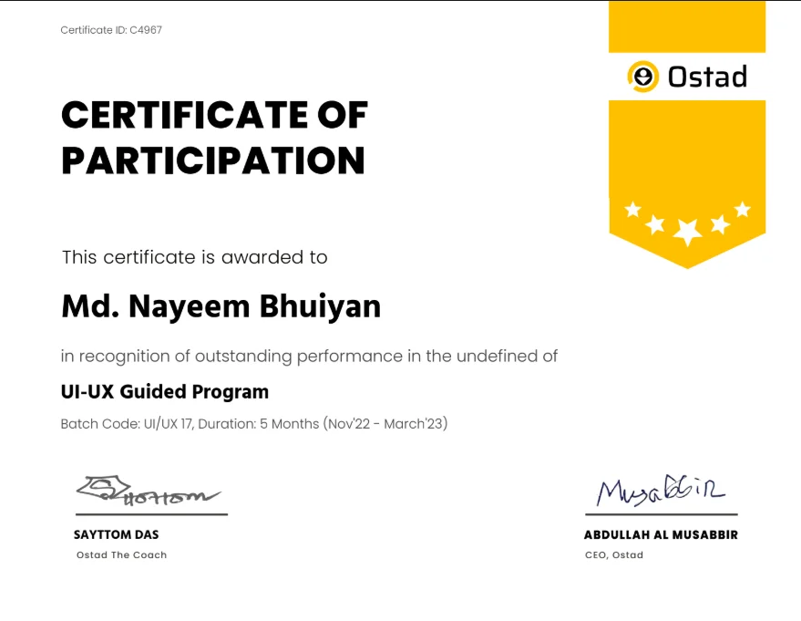 Completed UI/UX Design Course from Ostad